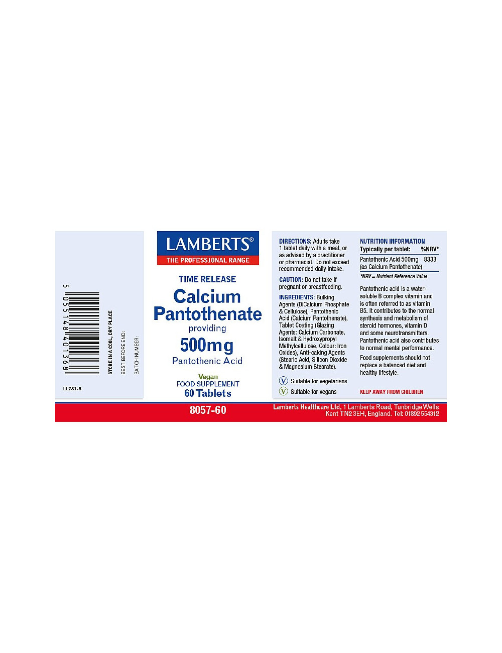 Calcium Pantothenate 500mg – Vitamin B5 (pantothenic acid) Lamberts